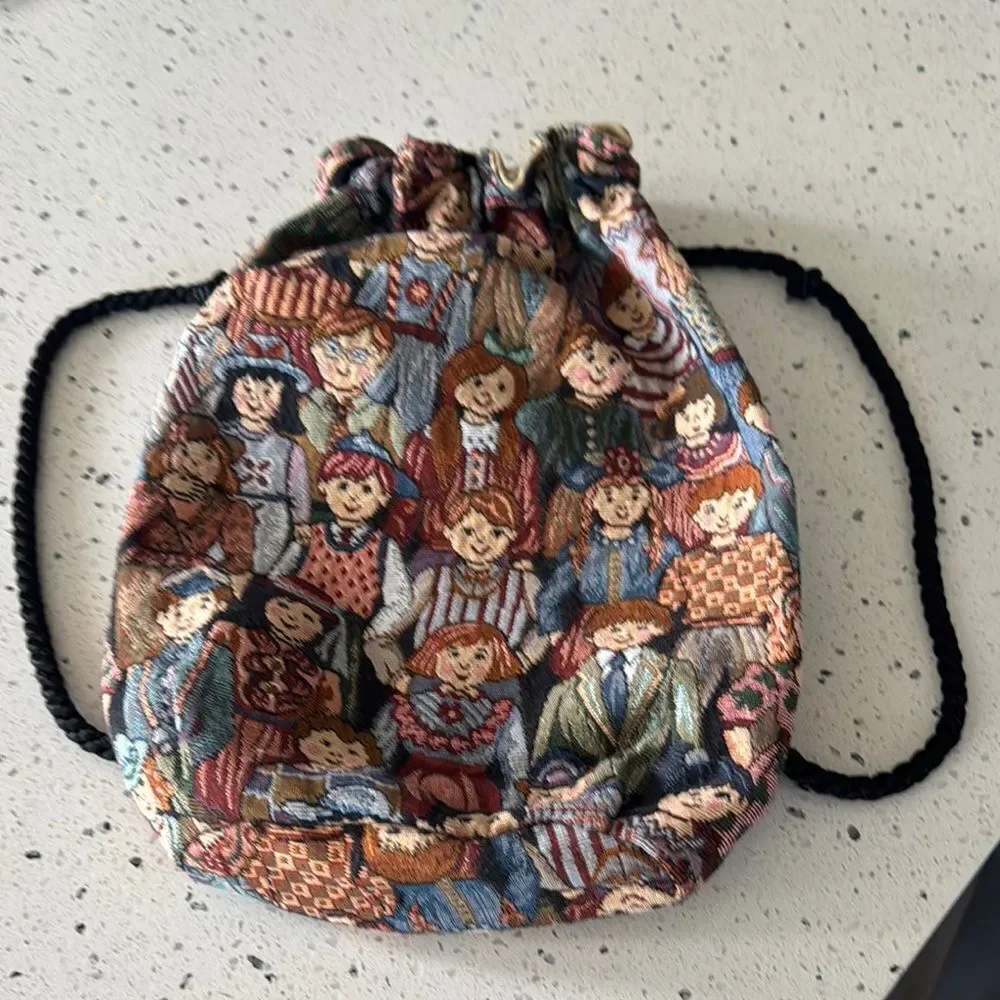 Vintage Children All Around the World Tapestry Drawstring Backpack Handmade Bag